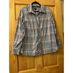 TALBOTS Cotton Blouse Women’s Size Large Button Up Pastel Plaid Long Sleeve